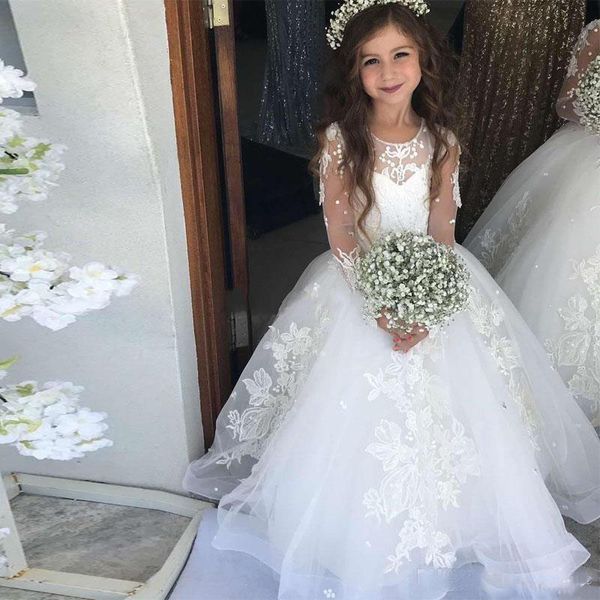 Branco adorável bonito flor menina vestidos princesa pura manga longa filha criança bonita crianças formal primeira comunhão vestidos