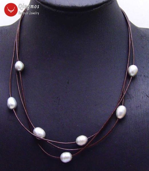 

qingmos natural freshwater gray pearl pendant necklace for women with 10-11mm rice pearl necklace 3 strands 19-21" chokers 5936, Silver