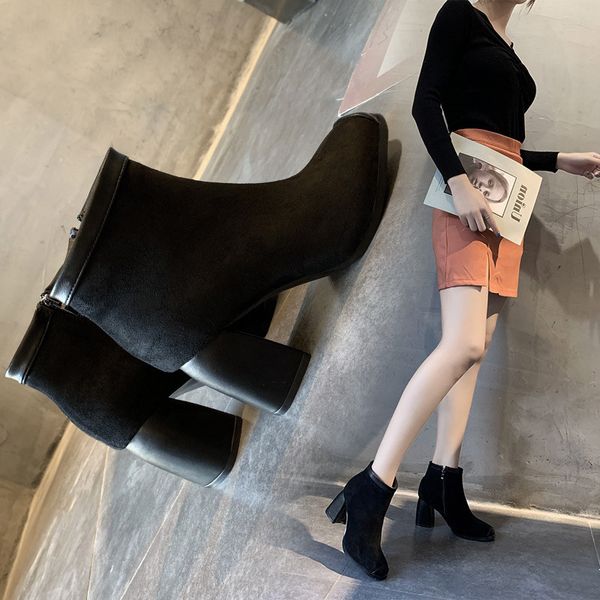 

riding boots leather booties zipper shoes chunky heel round toe bootee woman 2019 luxury designer martins for women high heel, Black