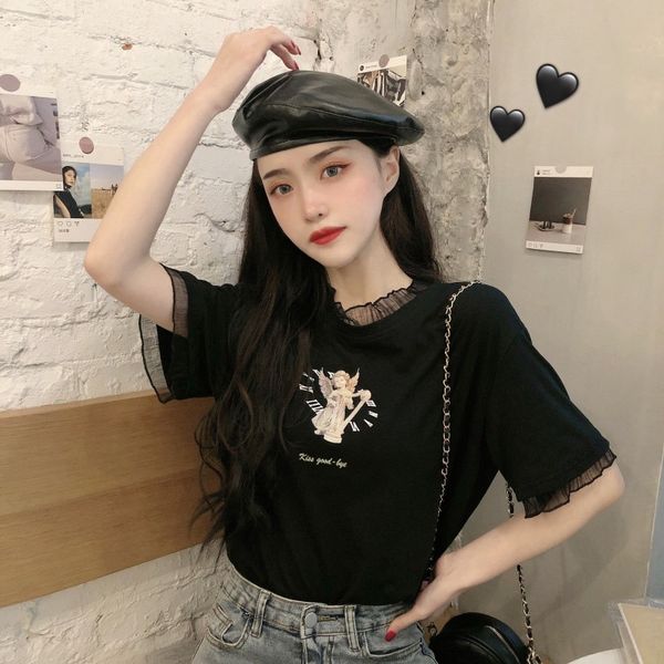 

2020 mesh stitching fake two-piece short-sleeved women's loose trend 2020 mesh stitching fake two-piece short-sleeved t-shirt t-shirt w, White