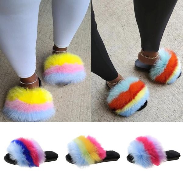 

women fur fluffy flat slippers ladies indoor slides furry plush footwear female casual woman shoes fashion summer 2020 d30, Black