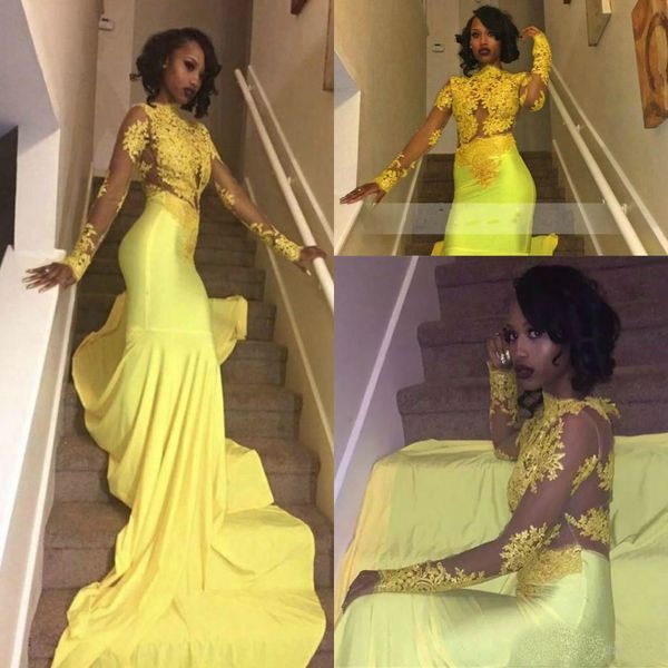 

african yellow mermaid prom dresses 2019 plus size long sleeve lace appliques evening gowns custom made cocktail party dresses, Black