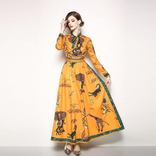 

autumn new big swing tie long-sleeved printed dress, Black;gray