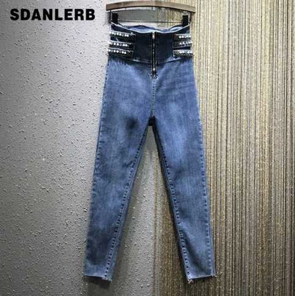 

high waist jeans woman rhinestone beaded jeans women's 2020 spring new european style stretch slim-fit skinny pencil pants, Blue