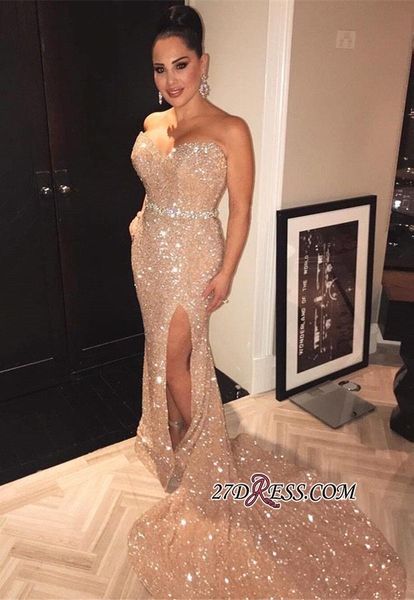 

mermaid sequined champagne mermaid prom dresses sweetheart pleats side split formal evening dress elegant evening formal dresses 2019, Black
