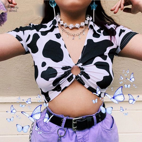 

рубашки животных печати v шеи обрезанного tshirt vrouwen koreaanse stijl v халс koe t корт mouwen hollow sexy zomer tops, White