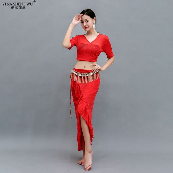

stage wear practice clothes women belly dance short sleeve long skirt v-neck 2 piece costume bellydance performance colors, Black;red