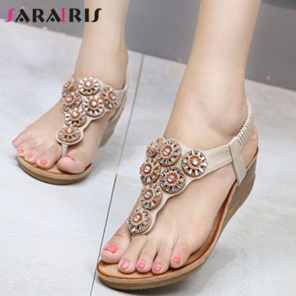 

sarairis female high wedges round toe summer sandals summer sandals women flip flip floral elastic band shoes woman, Black