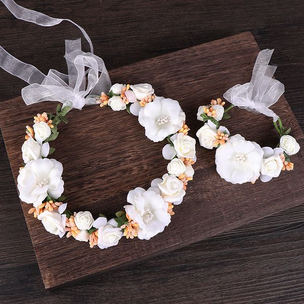 

white beige flowers wreath hairbands women hair jewelry for baby girls party headband floral bride garland crown beach headdress, Golden;white