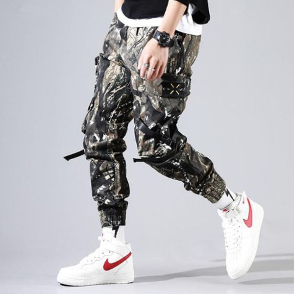 

mais novo mens multi-bolsos camuflagem fita de carga calças hip hop punk corredores meninos casuais calças táticas camo p, Black