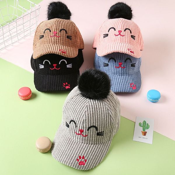 

new kids pom pom baseball cap for girls boys 2-8 years embroidered smiley cat autumn winter children cap pink grey brown black adjsutable, Yellow