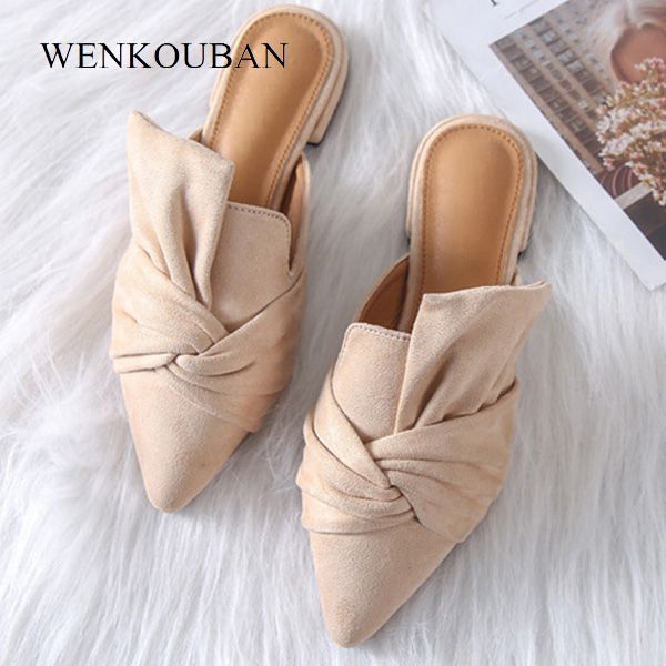 

summer sandals for women pointed toe flat shoes casual suede slide sandals flock slippers ladies sandalias zapatos mujer 2019, Black