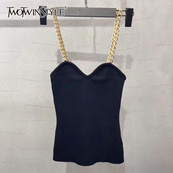 

twotwinstyle summer vest women square collar sleeveless spaghetti strap patchwork chainhit color for female 2020 tide, White