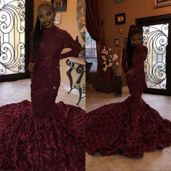 

бургундия русалка черные девушки выпускного вечера платья 2019 с высокой шеей прозрачная иллюзия с длинными рукавами 3d цветочные поезд вече, Black