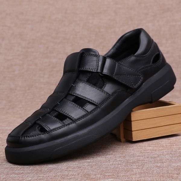 

summer 2019 new men's leather casual sandals soft leather thick bottom breathable and comfortable business men's sandals, Black
