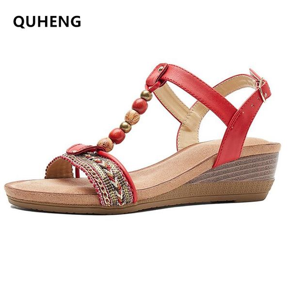 

women rome sandals 2020 summer ladies new retro beaded wedge sandals bohemia women casual comfort beach shoes a10, Black