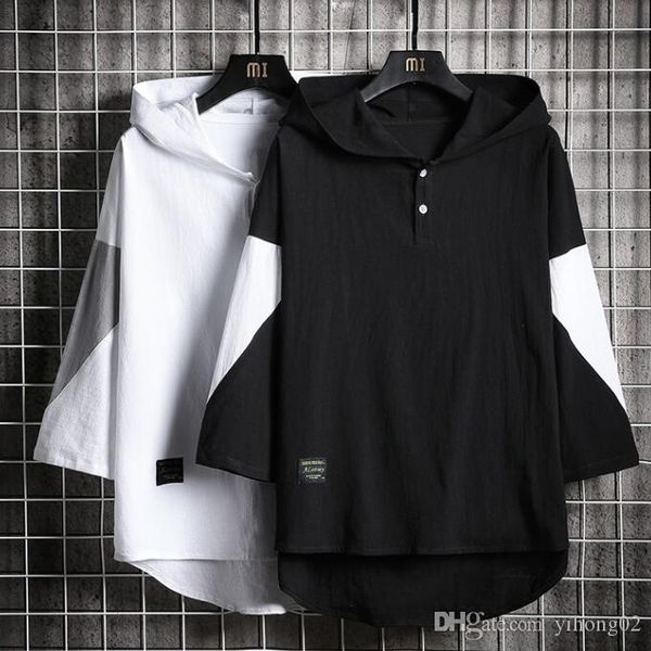 

2019 summer new men's hooded t-shirt fashion stitching casual loose t-shirt street sports hip hop sports hoodie, White;black