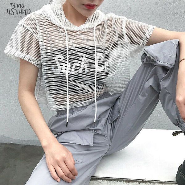 

womens hollow mesh net hooded t shirt short sleeve tee transparent black swxy clubwear party, White
