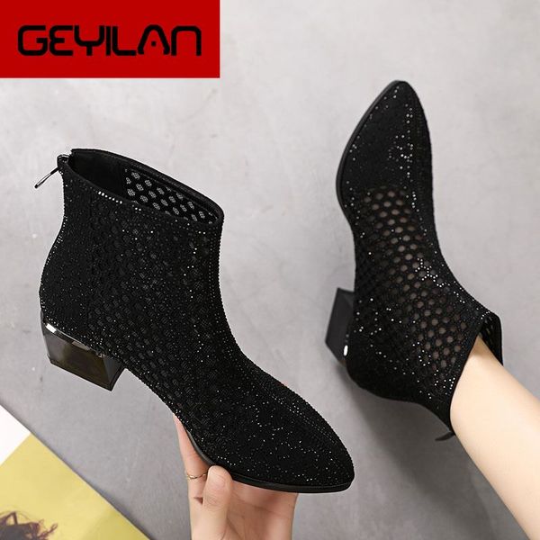 

fashion rhinestones gauze sandals summer new mesh boots genuine leather women's shoes med heels hollow boots large size, Black
