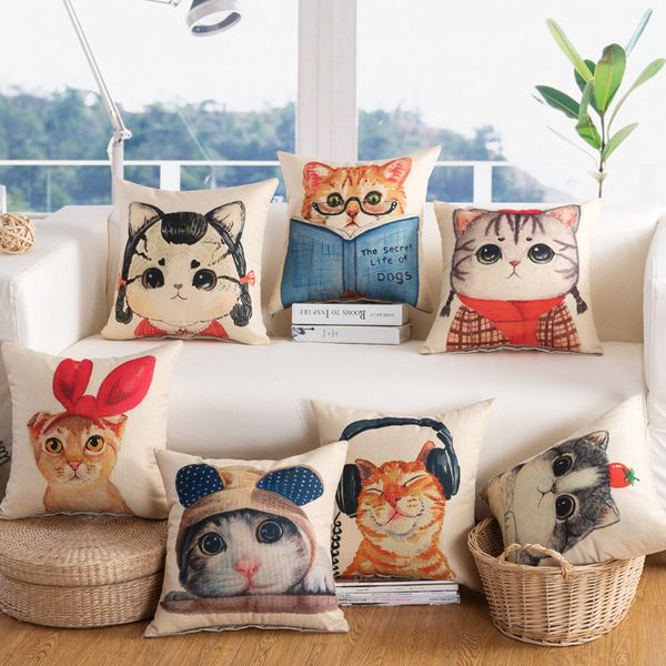 

1pcs lovely cat pattern cotton linen throw pillow cushion cover home decoration sofa bed decor decorative pillowcase 40259