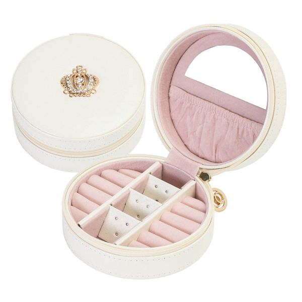 

crown jewelry box organizer travel portable leather ring bracelet earring display storage round box case with mirror