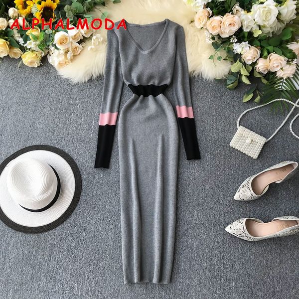 

alphalmoda 2019 autumn new vintage knitted dress women block color long-sleeved elegant winter dress knitting sheath dress, Black;gray