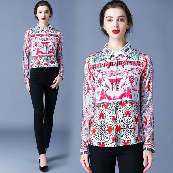 

new designer elegant vintage shirts women printed long sleeve lapel neck luxury runway ladies button shirt blouses casual office shirts, White
