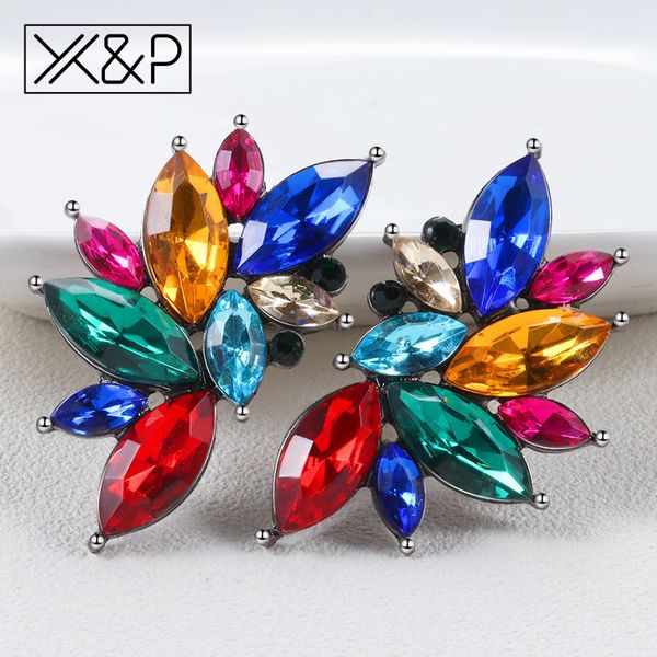 

x&p elegant fashion brand cute geometric cubic zirconia stone stud earrings for women girl color flower opal earring jewelry, Golden;silver