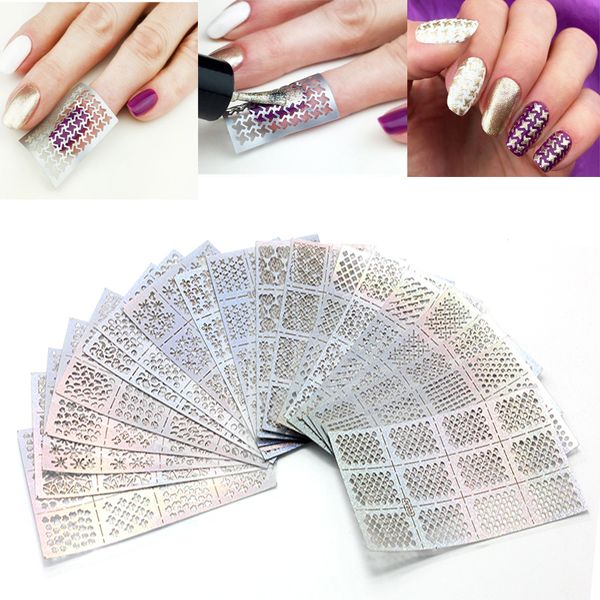 

yizhixiu 5 sheet irregular hollow pattern manicure guide template nail art 3d transfer guide stencil stickers diy decals silver, White