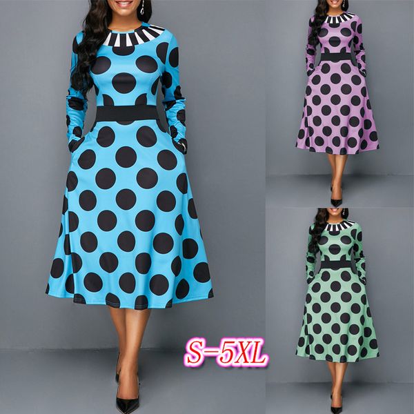 

женское дизайнерское платье большого размера с высокой талией в горошек платье с карманом с длинным рукавом, Black;gray