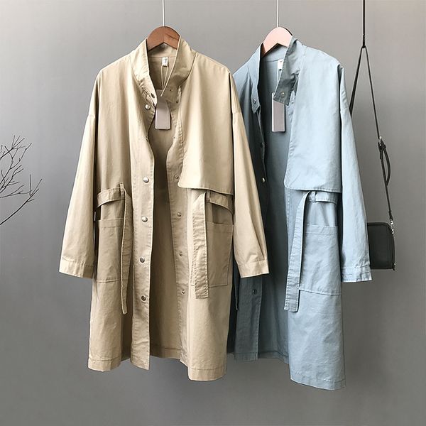 

2020 spring harajuku coat loose mid long jacket belt buttons overcoat women trench coat fahion windbreakers plus size outwear, Tan;black