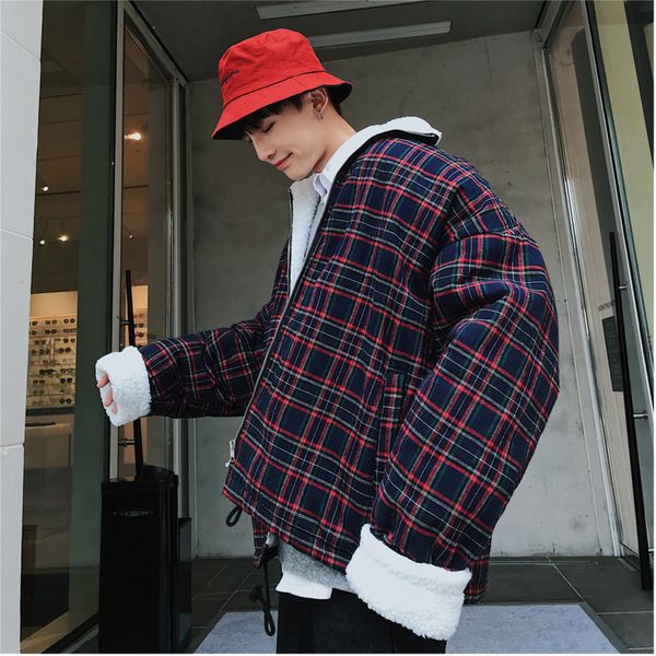 

2018 autumn new chinese style wool thickening plus velvet plaid coat casual jacket men's youth trend party, Black