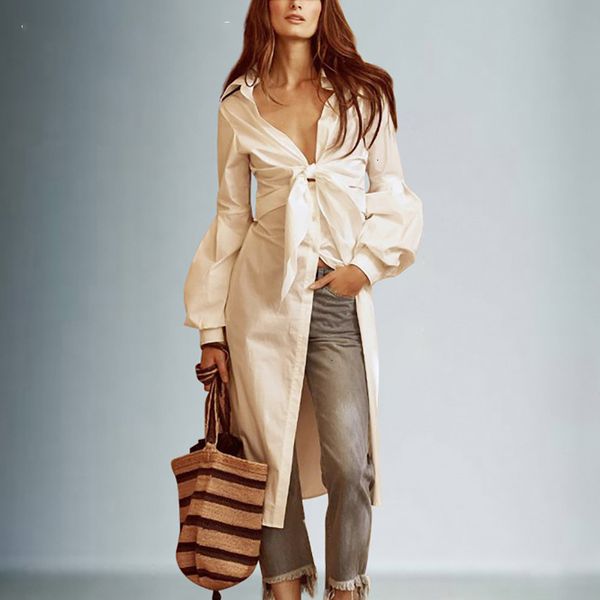 

women blouses women bow long shirts satin female lace up tunic deep v necck lantern sleeve white shirt spring fashion