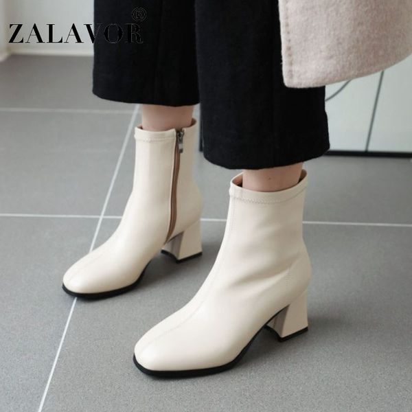 

zalavor office ladies pu leather ankle boots zipper square toe work winter shoes woman retro fashion botas footwear size 31-43, Black