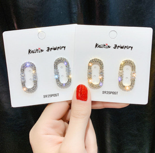 

geometric full rhinestone stud earrings for women 2019 bijoux gold color oval crystal earrings fashion jewelry gifts, Silver