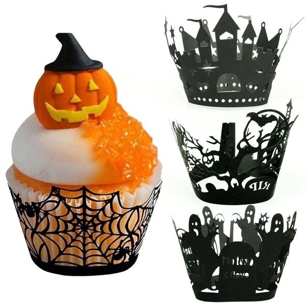 Halloween Paper Cupcake Wrapper Cupcake Toppers Bomboniere per bambini Decorazione per feste Cake Topper Torta di Halloween intorno