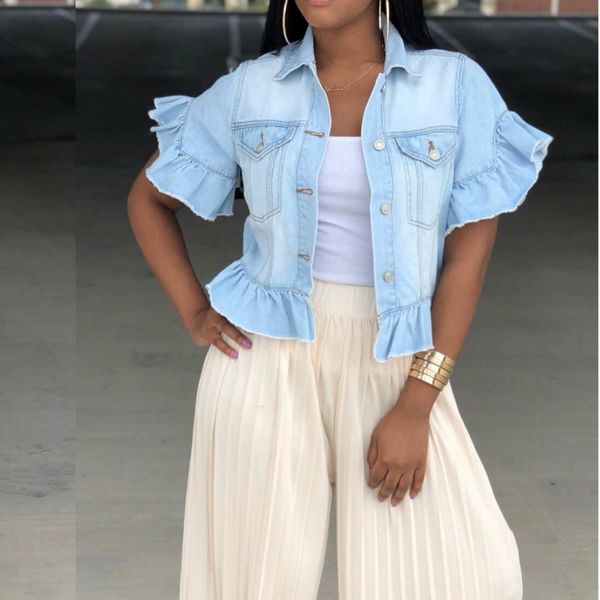 

2019 women autumn winter short sleeve denim jackets ruffles windbreaker turn-down collar trench coat vintage streetwear, Black;brown