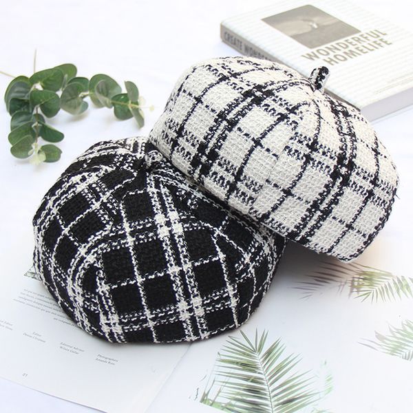

casquette autumn and winter new black and white plaid berets ladies british painter hat newsboy hats men's octagonal cap btm04, Blue;gray