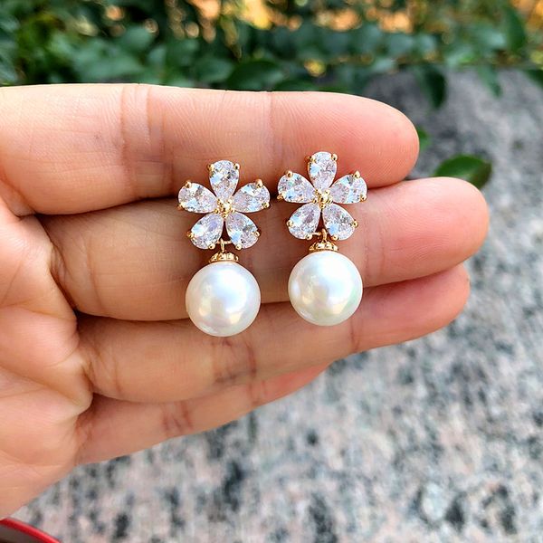 

fashion female crystal flower stud earrings cute white red pearl earrings boho silver gold zircon for women, Golden;silver