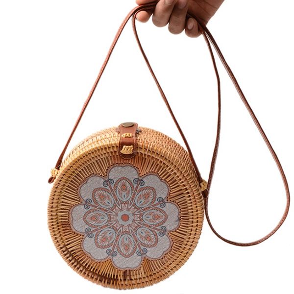 

printing round rattan crossbody bag,straw boho bag for women purse handmade clutch women shoulder bag,rain