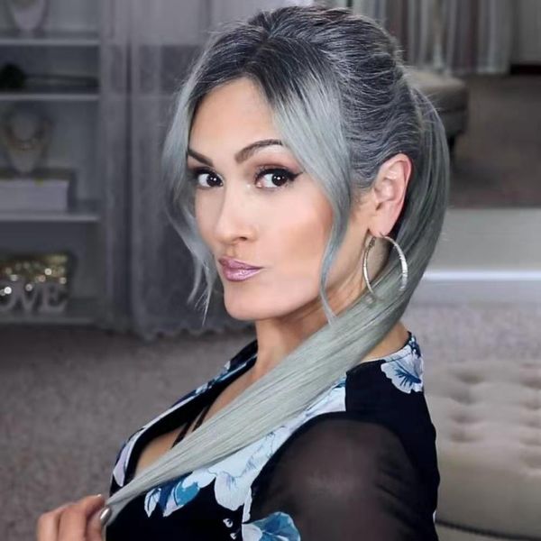 

long gray ponytail grey silver human hair natural highlights natural balayage salt and pepper grey hair ponytail, Black