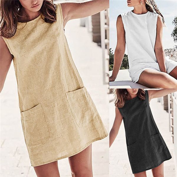 

2019 the latest style women's dress pocket dress solid color fashion party sleeveless slim mini a-line, Black;gray
