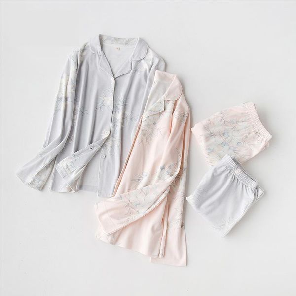

cearpion asian women autumn spring new pajamas suit elegant long sleeve 2 pcs shirt+pant sleepwear casual cotton home clothes, Blue;gray