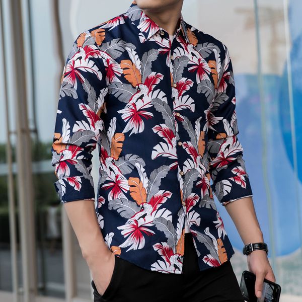 

2020 men hawaiian shirt long sleeve floral print mens dress formal shirts camisa social masculina casual slim fit shirt, White;black