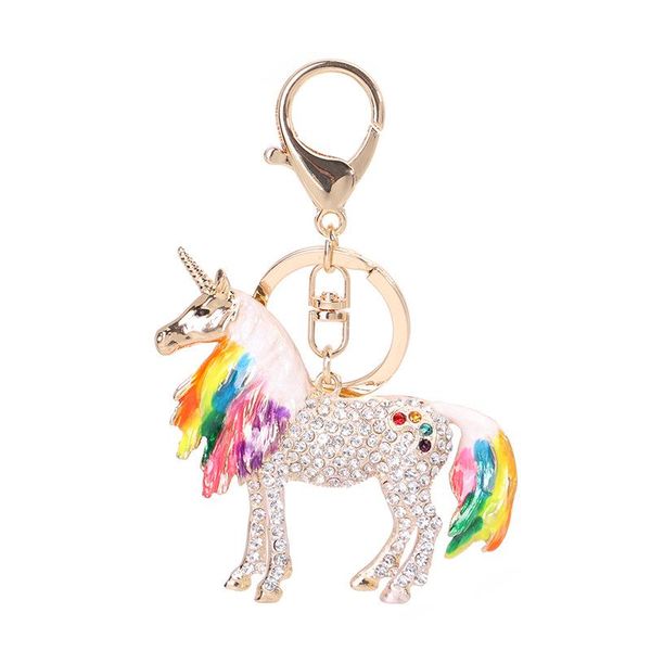 

lucky unicorn pendant keychains colourful enamel with rhinestone gold color metal charms key chains rings for women children, Slivery;golden