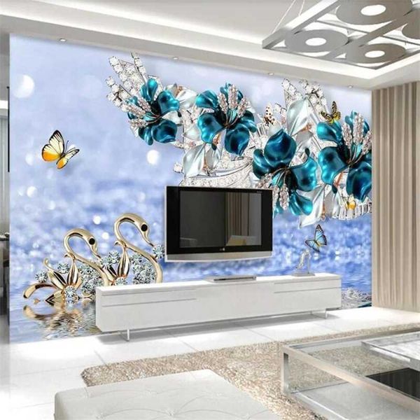 

фреска на заказ обои 3d фрески лебедя синие цветы шаблон воды украшения телевизор фоне стены бумаги papel де паред фреске