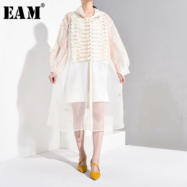 

eam] women organza split perspective long trench new hooded long sleeve loose fit windbreaker fashion autumn winter 2019 jw7620, Tan;black