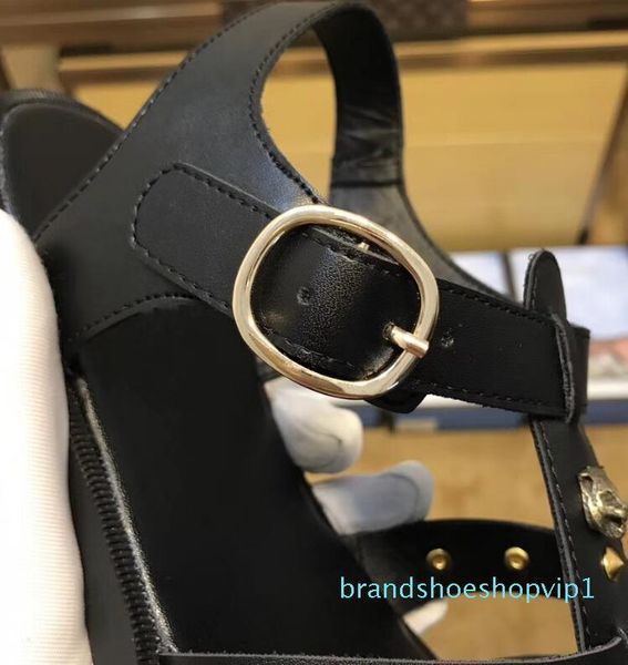 

2019 summer black real leather designer luxury fashion punk gold spike studs embellished gladiator ankle strap sandals