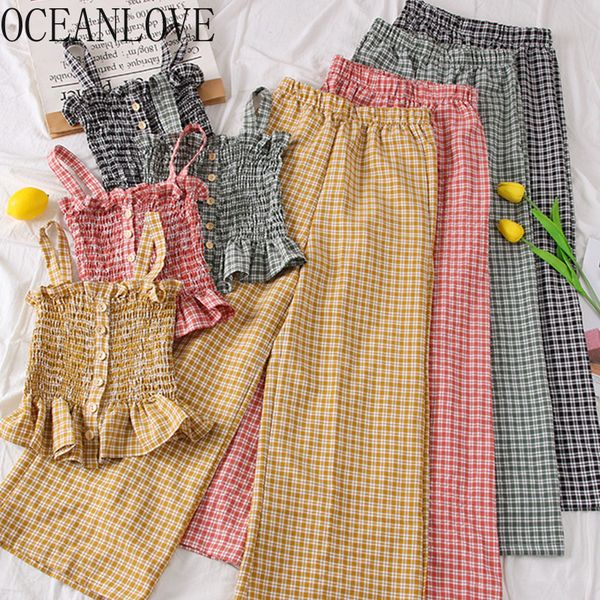 

oceanlove 2020 spring summer plaid two piece set ruffles high waist beach style 2 piece set women sweet korean ropa mujer 14888, White