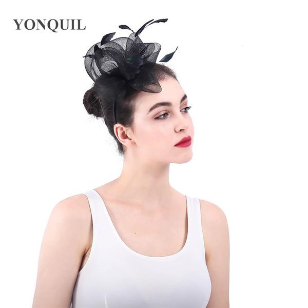 

black tulle flower wedding headdress bride mariage headwear fascinator women party hair accessories elegant bridal fashion hat phwkx, White
